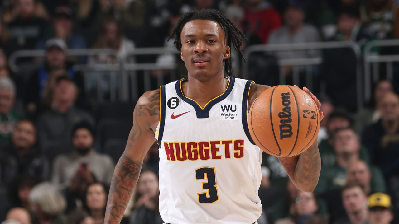 MILWAUKEE, WI - JANUARY 25: Bones Hyland #3 of the Denver Nuggets dribbles the ball during the game against the Milwaukee Bucks on January 25, 2023 at the Fiserv Forum Center in Milwaukee, Wisconsin. Mandatory Copyright Notice: Copyright 2023 NBAE .