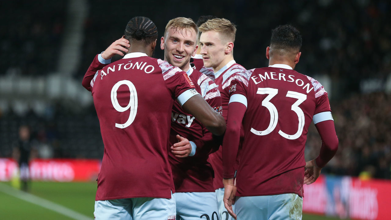 DERBY, ENGLAND - JANUARY 30: West Ham United's Jarrod Bowen celebrates scoring his side's first goal during The Emirates FA Cup Fourth Round match between Derby County and West Ham United at Pride Park on January 30, 2023 in Derby, England.