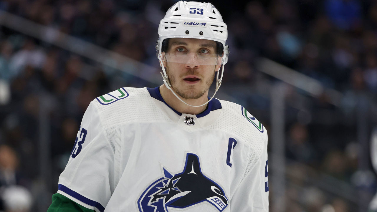 SEATTLE, WASHINGTON - JANUARY 25: Bo Horvat #53 of the Vancouver Canucks looks on against the Seattle Kraken during the third period at Climate Pledge Arena on January 25, 2023 in Seattle, Washington.