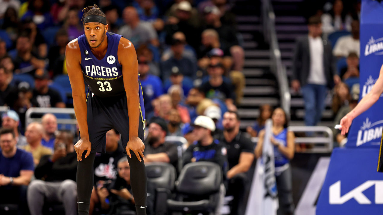 ORLANDO, FLORIDA - JANUARY 25: Myles Turner #33 of the Indiana Pacers looks on during a game against the Orlando Magic at Amway Center on January 25, 2023 in Orlando, Florida.