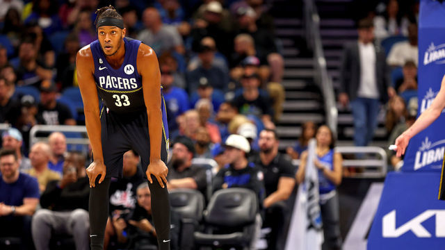 ORLANDO, FLORIDA - JANUARY 25: Myles Turner #33 of the Indiana Pacers looks on during a game against the Orlando Magic at Amway Center on January 25, 2023 in Orlando, Florida.