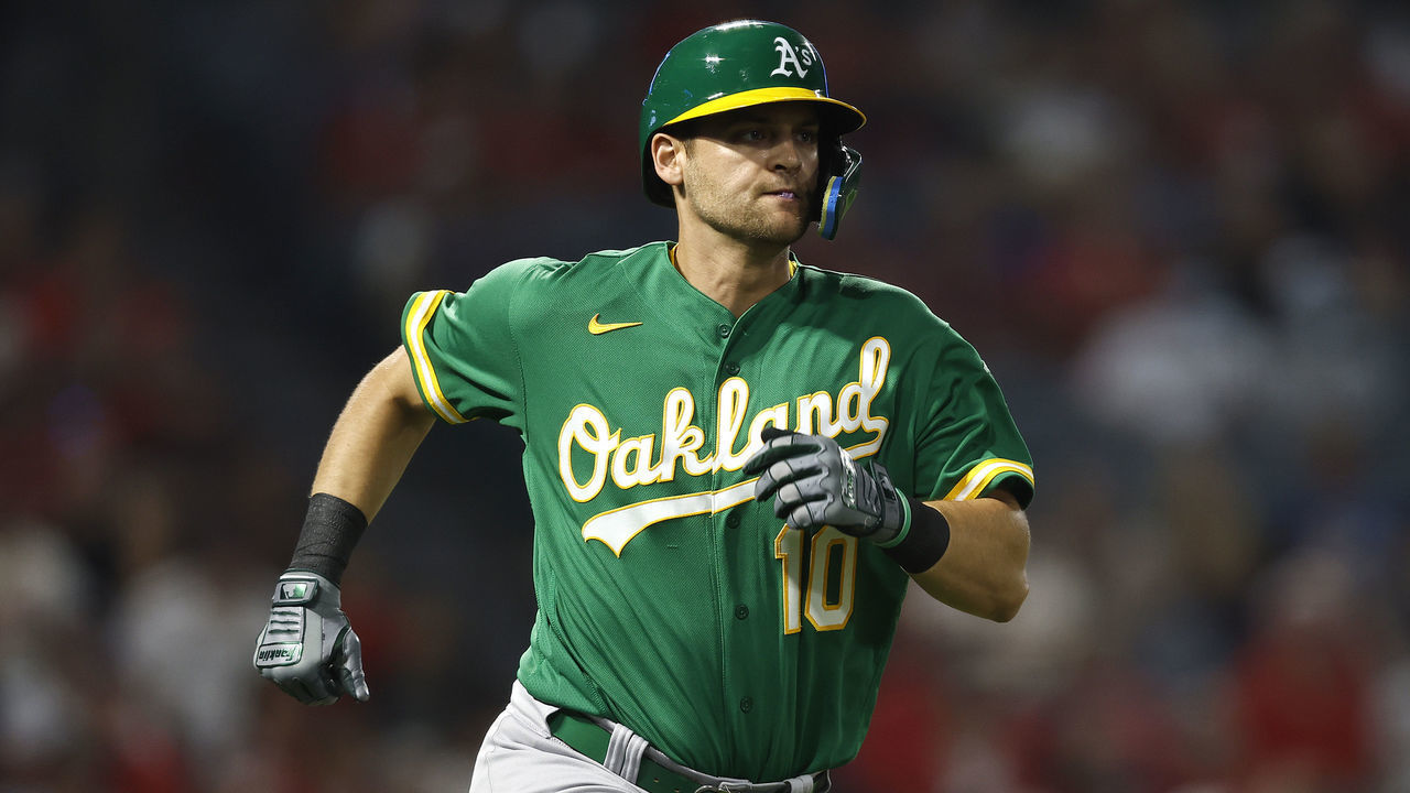 ANAHEIM, CALIFORNIA - SEPTEMBER 29: Chad Pinder #10 of the Oakland Athletics runs to first base against the Los Angeles Angels during the ninth inning at Angel Stadium of Anaheim on September 29, 2022 in Anaheim, California.