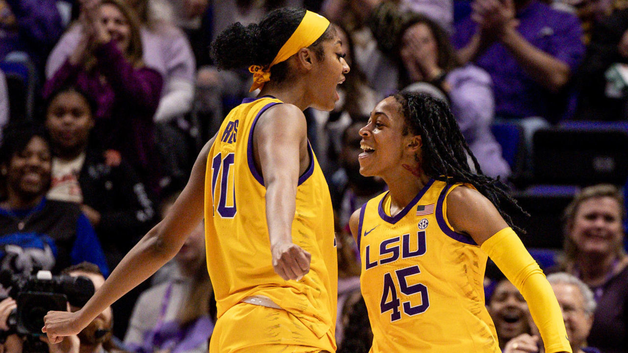 BATON ROUGE, LA - JANUARY 15: LSU Lady Tigers guard Alexis Morris (45) and forward Angel Reese (10) reacts to a ally against the Auburn Tigers during the second half at the game between the LSU Lady Tigers and the Auburn Tigers on January 15, 2023 at the Pete Maravich Assembly Center in Baton Rouge, LA.
