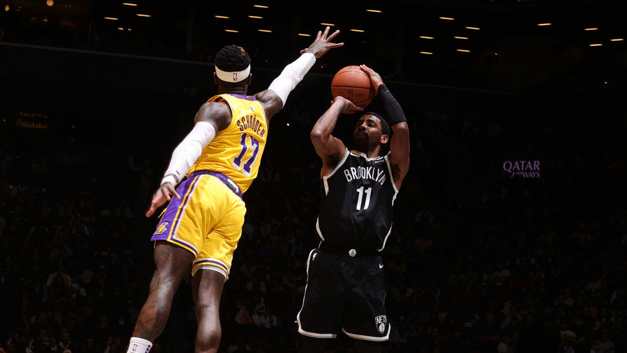BROOKLYN, NY - JANUARY 30: Kyrie Irving #11 of the Brooklyn Nets shoots the ball during the game against the Los Angeles Lakers on January 30, 2023 at Barclays Center in Brooklyn, New York. Mandatory Copyright Notice: Copyright 2023 NBAE