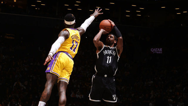 BROOKLYN, NY - JANUARY 30: Kyrie Irving #11 of the Brooklyn Nets shoots the ball during the game against the Los Angeles Lakers on January 30, 2023 at Barclays Center in Brooklyn, New York. Mandatory Copyright Notice: Copyright 2023 NBAE
