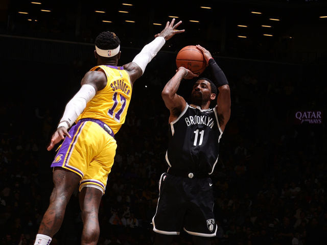 BROOKLYN, NY - JANUARY 30: Kyrie Irving #11 of the Brooklyn Nets shoots the ball during the game against the Los Angeles Lakers on January 30, 2023 at Barclays Center in Brooklyn, New York. Mandatory Copyright Notice: Copyright 2023 NBAE