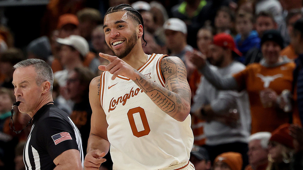AUSTIN, TEXAS - JANUARY 30: Timmy Allen #0 of the Texas Longhorns reacts after scoring against the Baylor Bears in the first half at the Moody Center on January 30, 2023 in Austin, Texas.