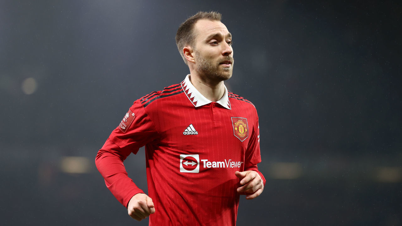 MANCHESTER, ENGLAND - JANUARY 28: Christian Eriksen of Manchester United during the FA Cup Fourth round match between Manchester United and Reading at Old Trafford on January 28, 2023 in Manchester, England.