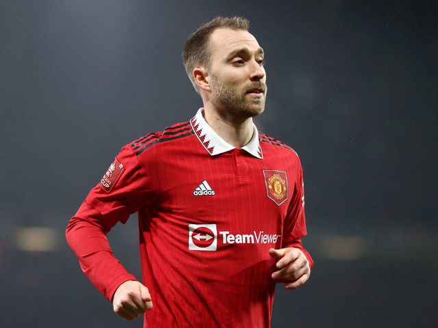 MANCHESTER, ENGLAND - JANUARY 28: Christian Eriksen of Manchester United during the FA Cup Fourth round match between Manchester United and Reading at Old Trafford on January 28, 2023 in Manchester, England.