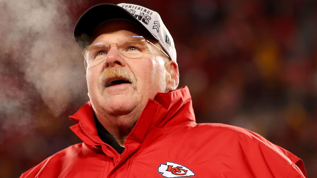KANSAS CITY, MISSOURI - JANUARY 29: Head coach Andy Reid of the Kansas City Chiefs celebrates after defeating the Cincinnati Bengals 23-20 in the AFC Championship Game at GEHA Field at Arrowhead Stadium on January 29, 2023 in Kansas City, Missouri.