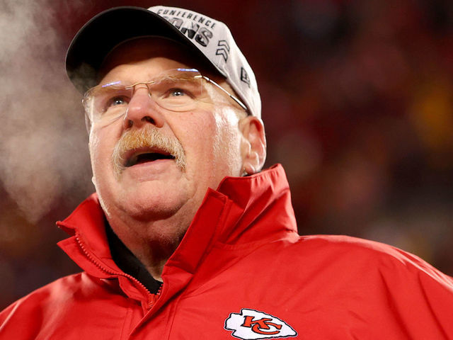 KANSAS CITY, MISSOURI - JANUARY 29: Head coach Andy Reid of the Kansas City Chiefs celebrates after defeating the Cincinnati Bengals 23-20 in the AFC Championship Game at GEHA Field at Arrowhead Stadium on January 29, 2023 in Kansas City, Missouri.