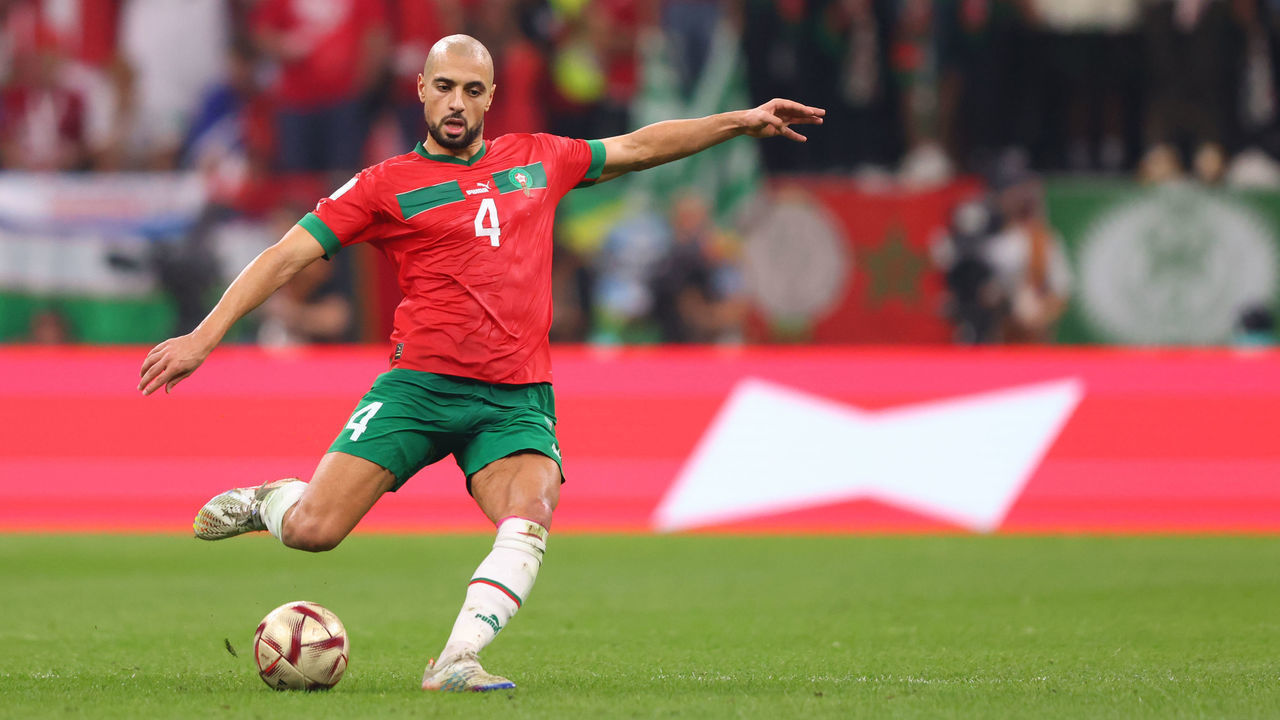 AL KHOR, QATAR - DECEMBER 14: Sofyan Amrabat of Morocco during the FIFA World Cup Qatar 2022 semi final match between France and Morocco at Al Bayt Stadium on December 14, 2022 in Al Khor, Qatar.