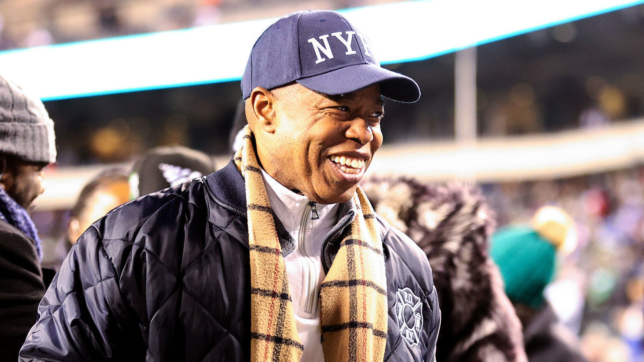 PHILADELPHIA, PENNSYLVANIA - JANUARY 21: Mayor of New York City Eric Adams is seen on the field prior to a game between the New York Giants and Philadelphia Eagles in the NFC Divisional Playoff game at Lincoln Financial Field on January 21, 2023 in Philadelphia, Pennsylvania.