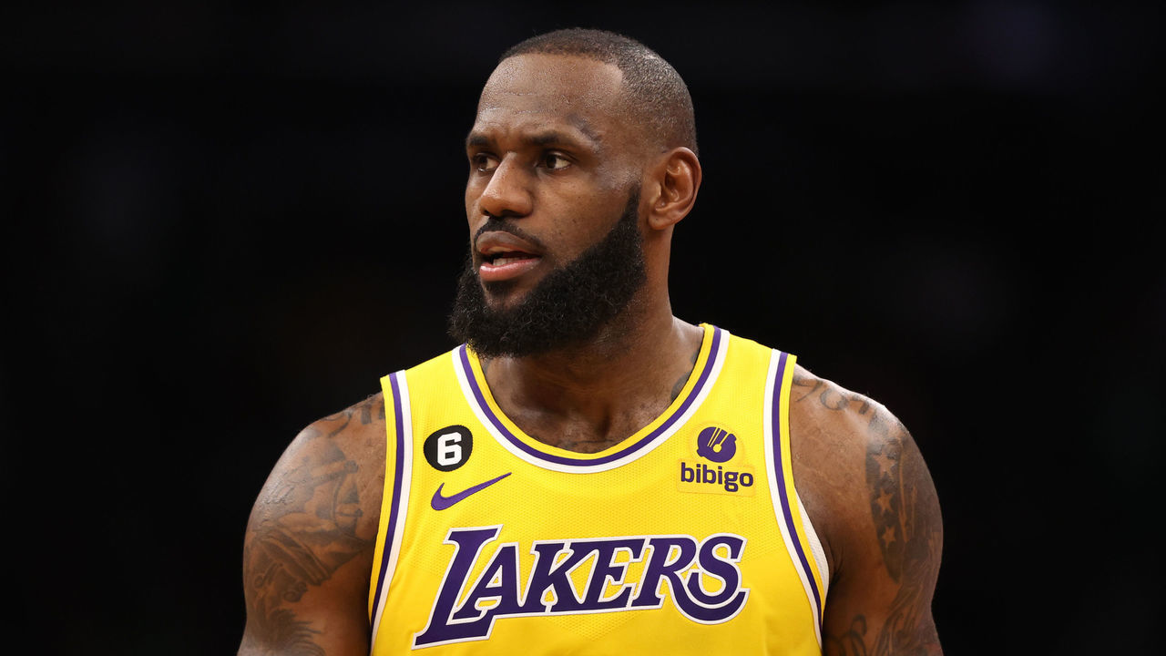 BOSTON, MASSACHUSETTS - JANUARY 28: LeBron James #6 of the Los Angeles Lakers looks on during the second half at TD Garden on January 28, 2023 in Boston, Massachusetts. The Celtics defeat the Lakers 125-121.