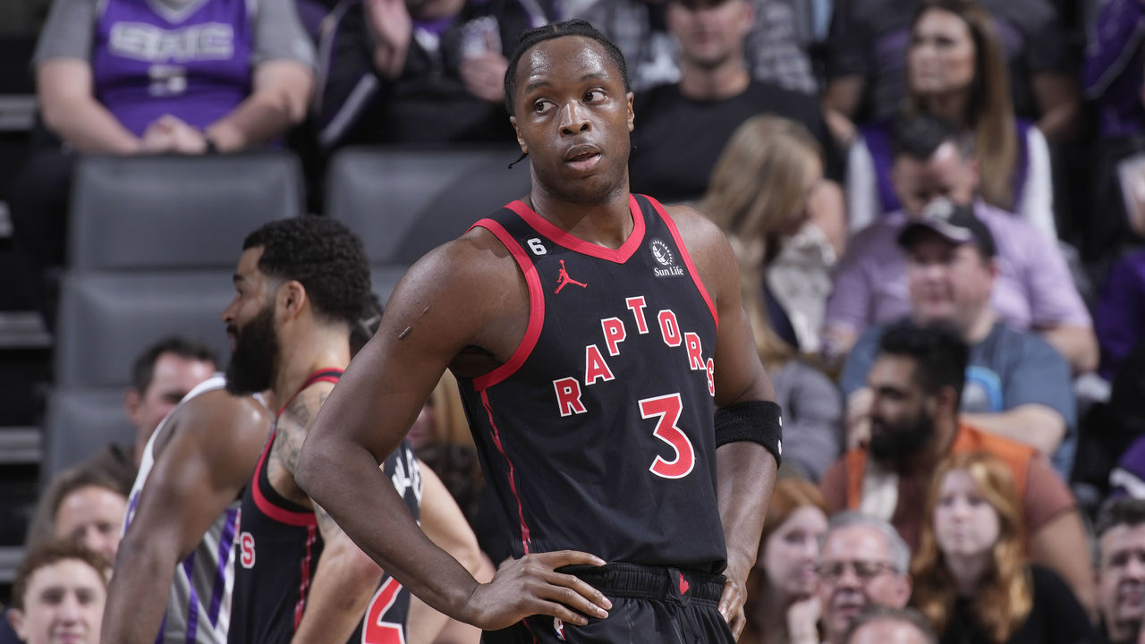 SACRAMENTO, CA - JANUARY 25: O.G. Anunoby #3 of the Toronto Raptors looks on during the game against the Sacramento Kings on January 25, 2023 at Golden 1 Center in Sacramento, California. NOTE TO USER: User expressly acknowledges and agrees that, by downloading and or using this photograph, User is consenting to the terms and conditions of the Getty Images Agreement. Mandatory Copyright Notice: Copyright 2023 NBAE