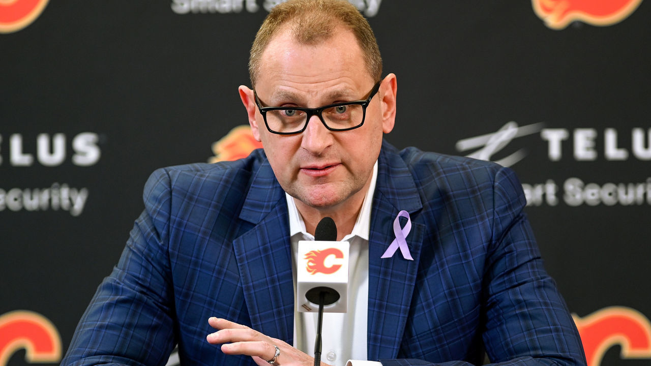 CALGARY, AB - MARCH 16: Calgary Flames general manager Brad Treliving speaks to media ahead of an NHL game where the Calgary Flames hosted the New Jersey Devils on March 16, 2022, at the Scotiabank Saddledome in Calgary, AB.
