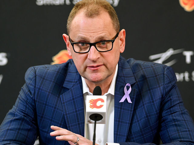 CALGARY, AB - MARCH 16: Calgary Flames general manager Brad Treliving speaks to media ahead of an NHL game where the Calgary Flames hosted the New Jersey Devils on March 16, 2022, at the Scotiabank Saddledome in Calgary, AB.