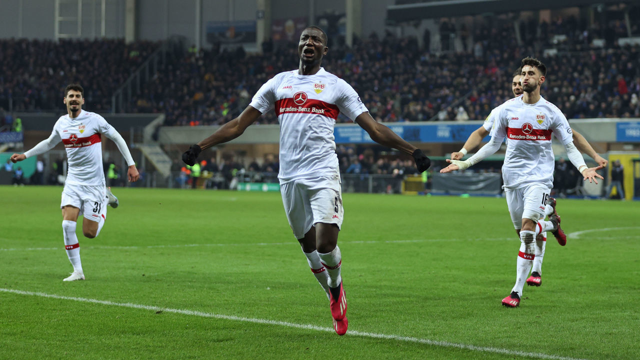 PADERBORN, GERMANY - JANUARY 31: Serhou Guirassy of Stuttgart celebrates scoring his team's winning goal during the DFB Cup round of 16 match between SC Paderborn 07 and VfB Stuttgart at Home Deluxe Arena on January 31, 2023 in Paderborn, Germany.