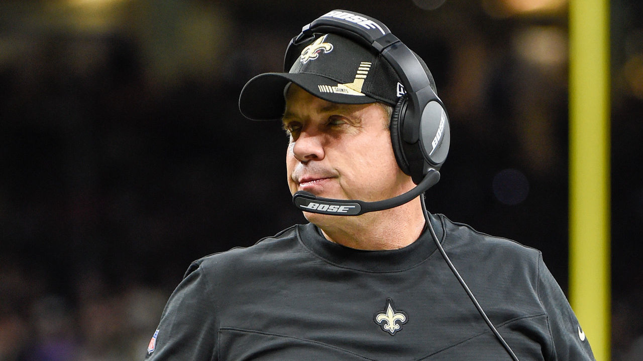 NEW ORLEANS, LA - OCTOBER 31: New Orleans Saints head coach Sean Payton looks on from the sideline during the football game between the Tampa Bay Buccaneers and New Orleans Saints at Caesar's Superdome on October 31, 2021 in New Orleans, LA.