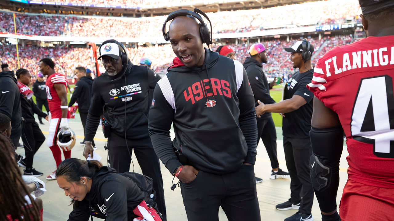 SANTA CLARA, CA - OCTOBER 3: Defensive Coordinator DeMeco Ryans of the San Francisco 49ers on the sideline during the game against the Los Angeles Rams at Levi's Stadium on October 3, 2022 in Santa Clara, California. The 49ers defeated the Rams 24-9.