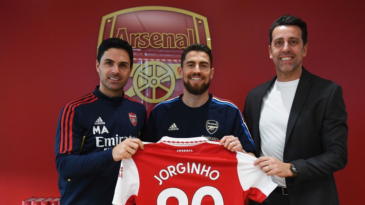 ST ALBANS, ENGLAND - JANUARY 31: (L) Arsenal manager Mikel Arteta and (R) Sporting Director Edu with (2ndL) new signing Jorginho at London Colney on January 31, 2023 in St Albans, England.