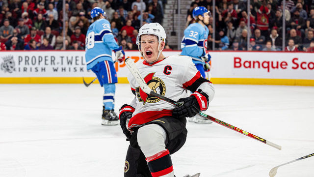 MONTREAL, CANADA - JANUARY 31: Brady Tkachuk #7 of the Ottawa Senators celebrates the winning goal during the third period of the NHL regular season game between the Montreal Canadiens and the Ottawa Senators at the Bell Centre on January 31, 2023 in Montreal, Quebec, Canada.