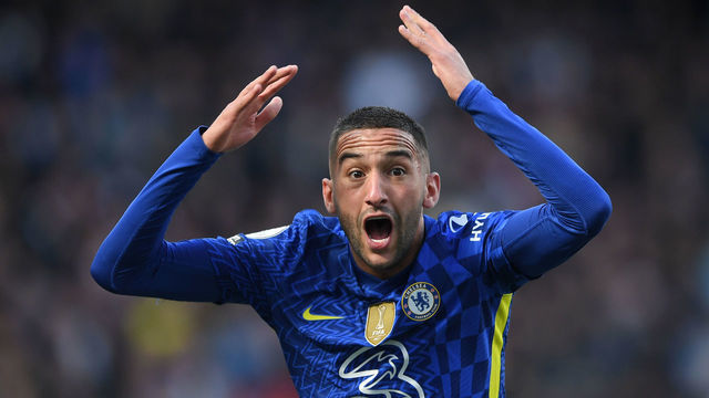 LONDON, ENGLAND - APRIL 02: Hakim Ziyech of Chelsea reacts during the Premier League match between Chelsea and Brentford at Stamford Bridge on April 02, 2022 in London, England.