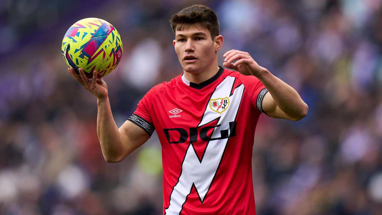 VALLADOLID, SPAIN - JANUARY 14: Fran Garcia of Rayo Vallecano takes a throw in during the LaLiga Santander match between Real Valladolid CF and Rayo Vallecano at Estadio Municipal Jose Zorrilla on January 14, 2023 in Valladolid, Spain.