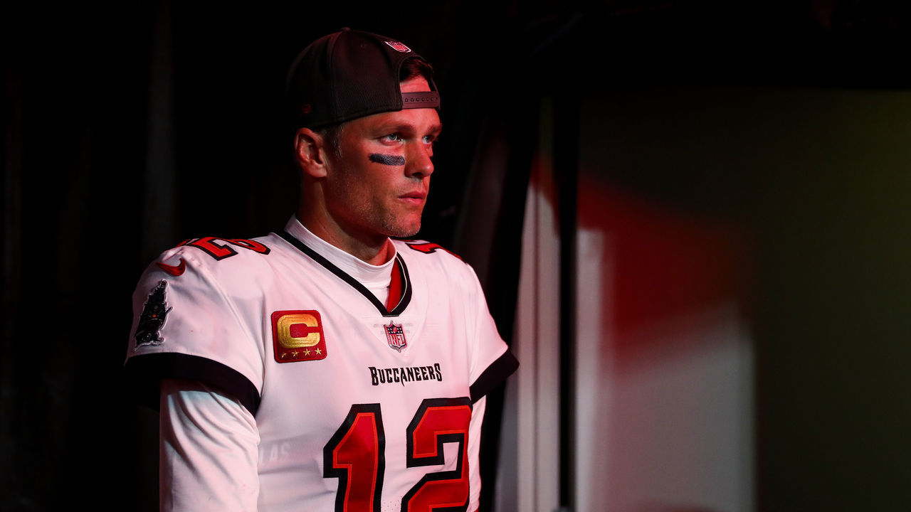 TAMPA, FL - JANUARY 16: Tom Brady #12 of the Tampa Bay Buccaneers walks through the tunnel prior to an NFL wild card playoff football game against the Dallas Cowboys at Raymond James Stadium on January 16, 2023 in Tampa, Florida.