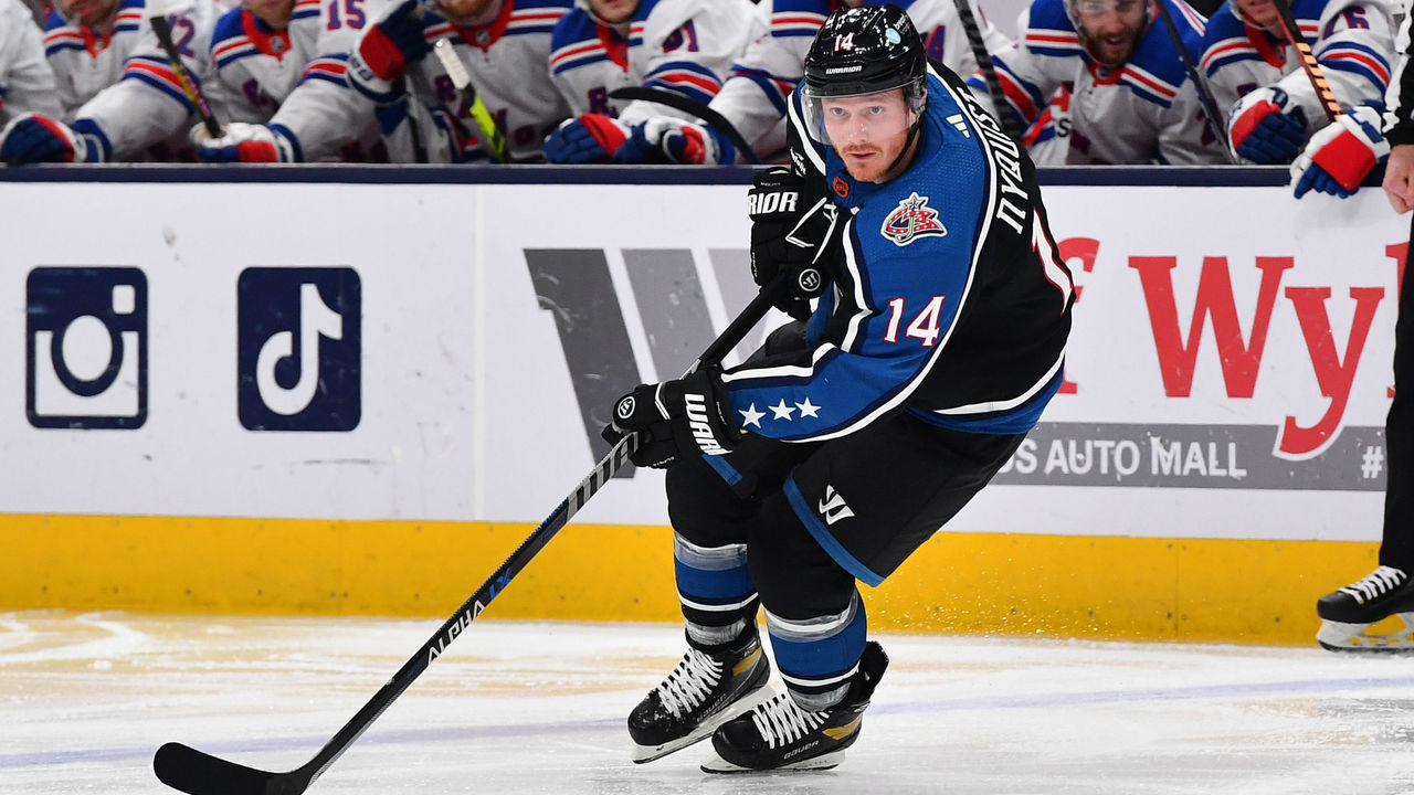 COLUMBUS, OHIO - JANUARY 16: Gustav Nyquist #14 of the Columbus Blue Jackets skates with the puck during the third period of a game against the New York Rangers at Nationwide Arena on January 16, 2023 in Columbus, Ohio.