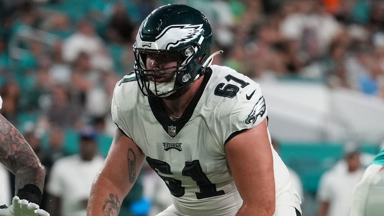 MIAMI GARDENS, FL - AUGUST 27: Philadelphia Eagles guard Josh Sills (61) protects his zone during the game between the Philadelphia Eagles and the Miami Dolphins, on Saturday, August 27 at Hard Rock Stadium in Miami Gardens, FL
