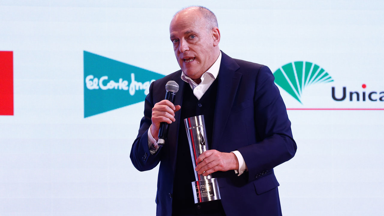MADRID, SPAIN - JANUARY 31: Javier Tebas receives an award during the Madrid Sports Press Association (APDM) Awards Gala held at the Beatriz Auditorium on january 30, 2023, in Madrid, Spain.