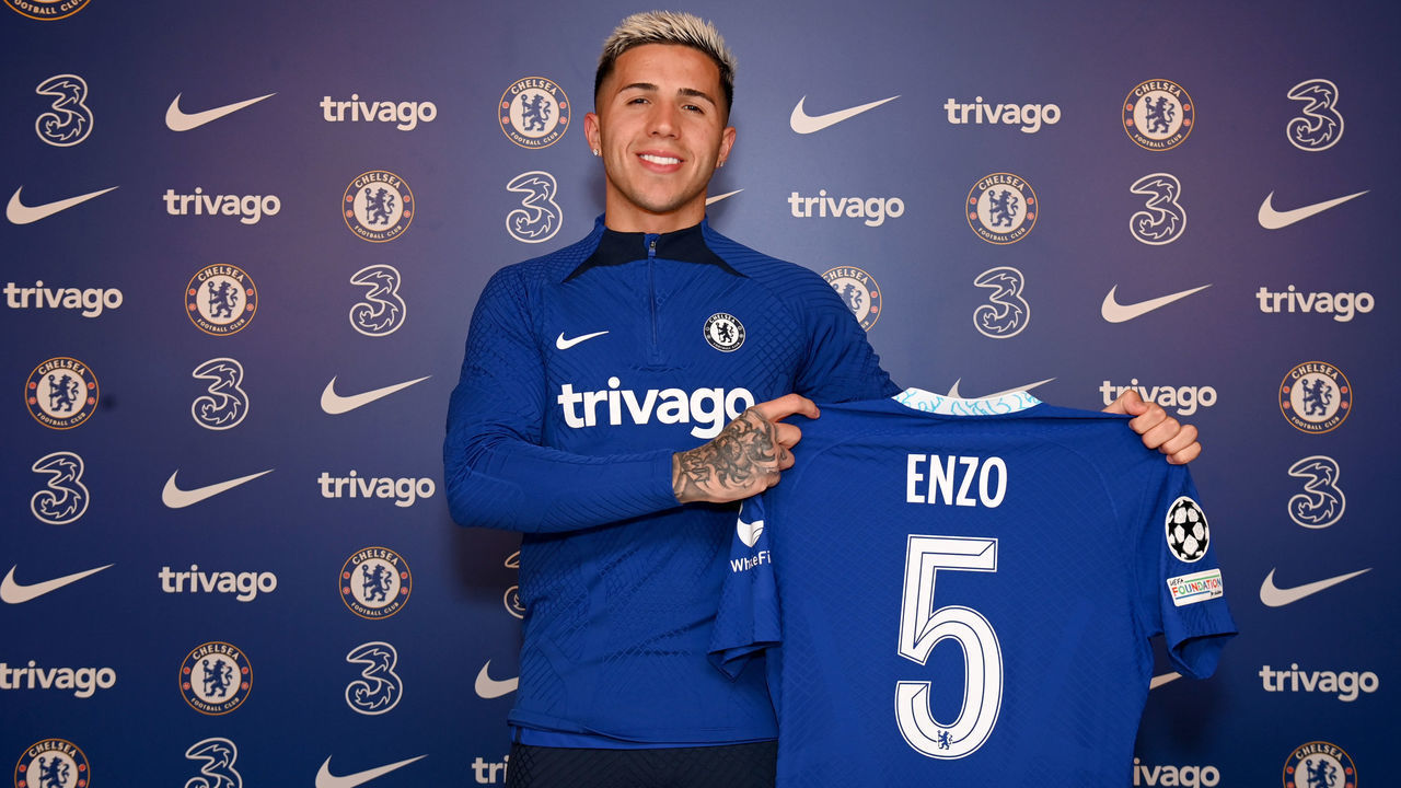 COBHAM, ENGLAND - FEBRUARY 01: Chelsea unveil new signing Enzo Fernandez at Chelsea Training Ground on February 1, 2023 in Cobham, England.