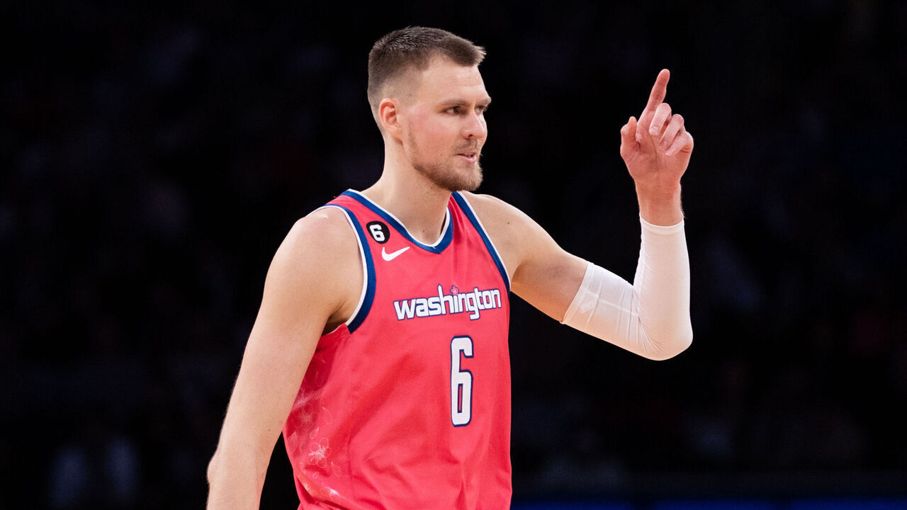 NEW YORK, NEW YORK - JANUARY 18: Kristaps Porzingis #6 of the Washington Wizards gestures to a teammate during the third quarter of the game against the New York Knicks at Madison Square Garden on January 18, 2023 in New York City.