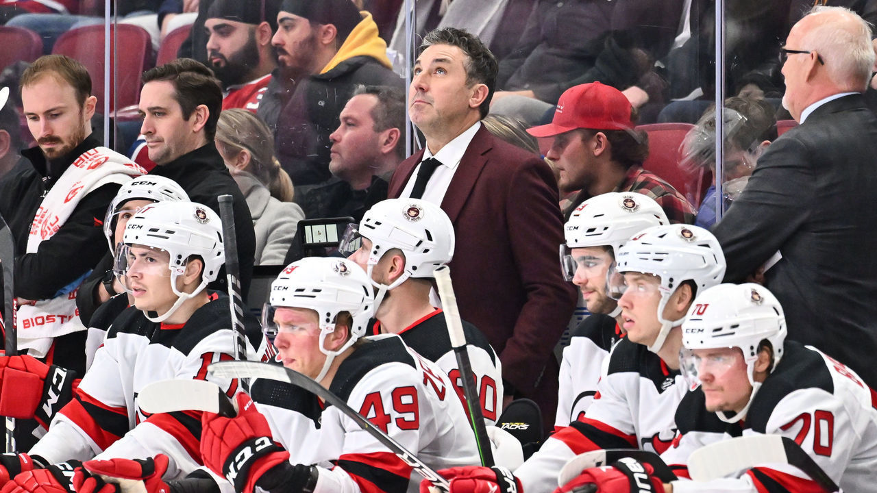 MONTREAL, CANADA - NOVEMBER 15: Associate coach, Andrew Brunette of the New Jersey Devils handles bench duties during the second period against the Montreal Canadiens at Centre Bell on November 15, 2022 in Montreal, Quebec, Canada. The New Jersey Devils defeated the Montreal Canadiens 5-1.