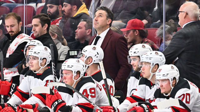 MONTREAL, CANADA - NOVEMBER 15: Associate coach, Andrew Brunette of the New Jersey Devils handles bench duties during the second period against the Montreal Canadiens at Centre Bell on November 15, 2022 in Montreal, Quebec, Canada. The New Jersey Devils defeated the Montreal Canadiens 5-1.