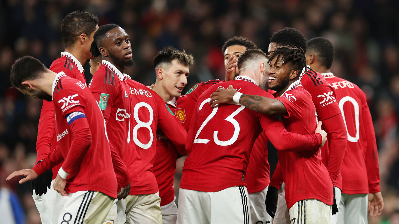 MANCHESTER, ENGLAND - FEBRUARY 01: Fred of Manchester United celebrates with teammates after scoring the team's second goal during the Carabao Cup Semi Final 2nd Leg match between Manchester United and Nottingham Forest at Old Trafford on February 01, 2023 in Manchester, England.