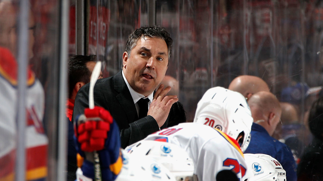 NEWARK, NEW JERSEY - DECEMBER 09: Associate coach Andrew Brunette of the New Jersey Devils works the bench against the New York Islanders at the Prudential Center on December 09, 2022 in Newark, New Jersey. The Islanders defeated the Devils 6-4.