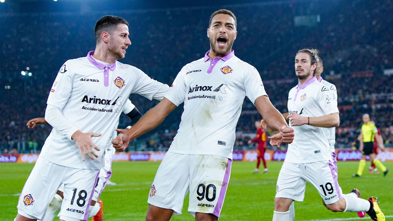 Cyriel Dessers of US Cremonese celebrates after scoring first goal during the Coppa Italia Frecciarossa quarter final match between AS Roma and US Cremonese at Stadio Olimpico, Rome, Italy on 1 February 2023.
