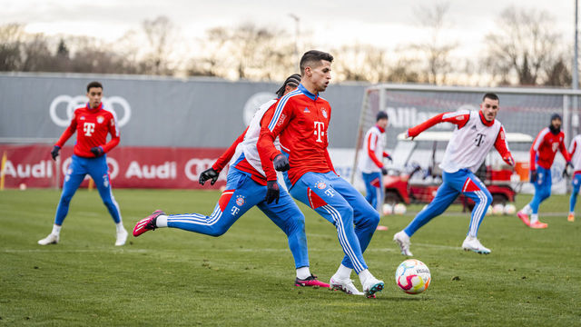 MUNICH, GERMANY - JANUARY 31: Joao Cancelo of FC Bayern Muenchen passes the ball at Saebener Strasse training ground on January 31, 2023 in Munich, Germany.