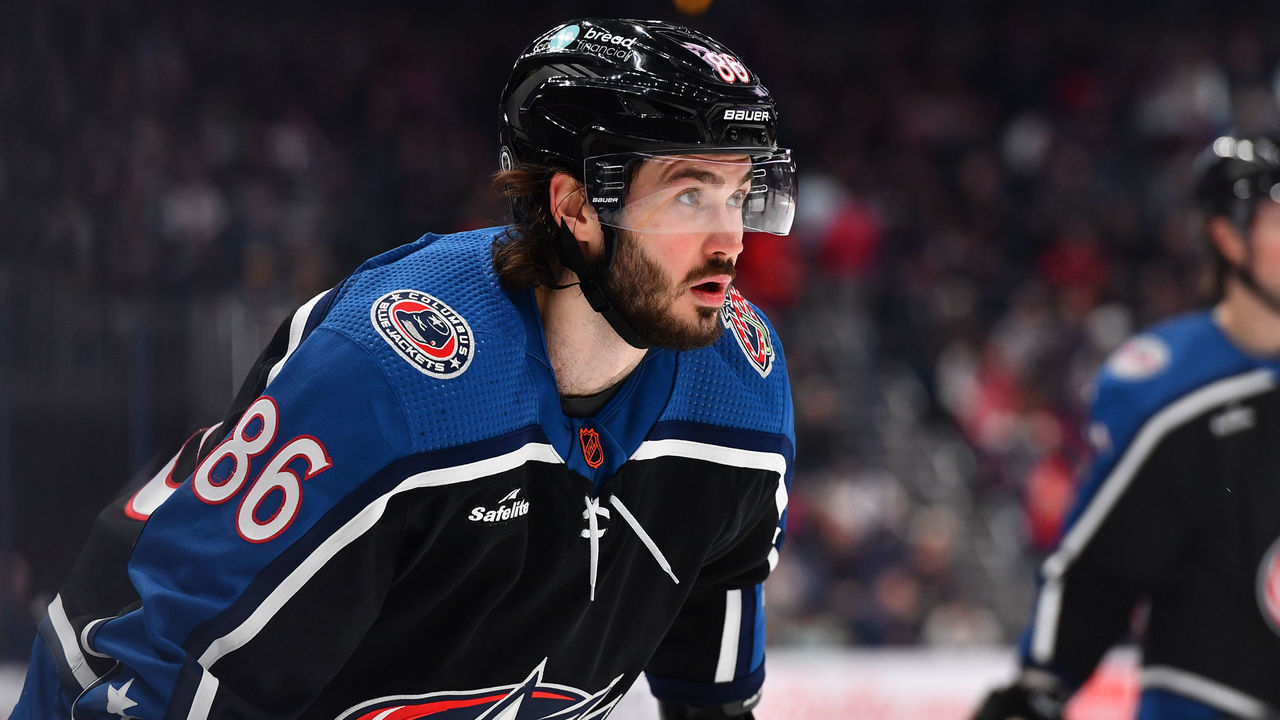 COLUMBUS, OHIO - JANUARY 31: Kirill Marchenko #86 of the Columbus Blue Jackets lines up prior to a face-off during the first period of a game against the Washington Capitals at Nationwide Arena on January 31, 2023 in Columbus, Ohio.