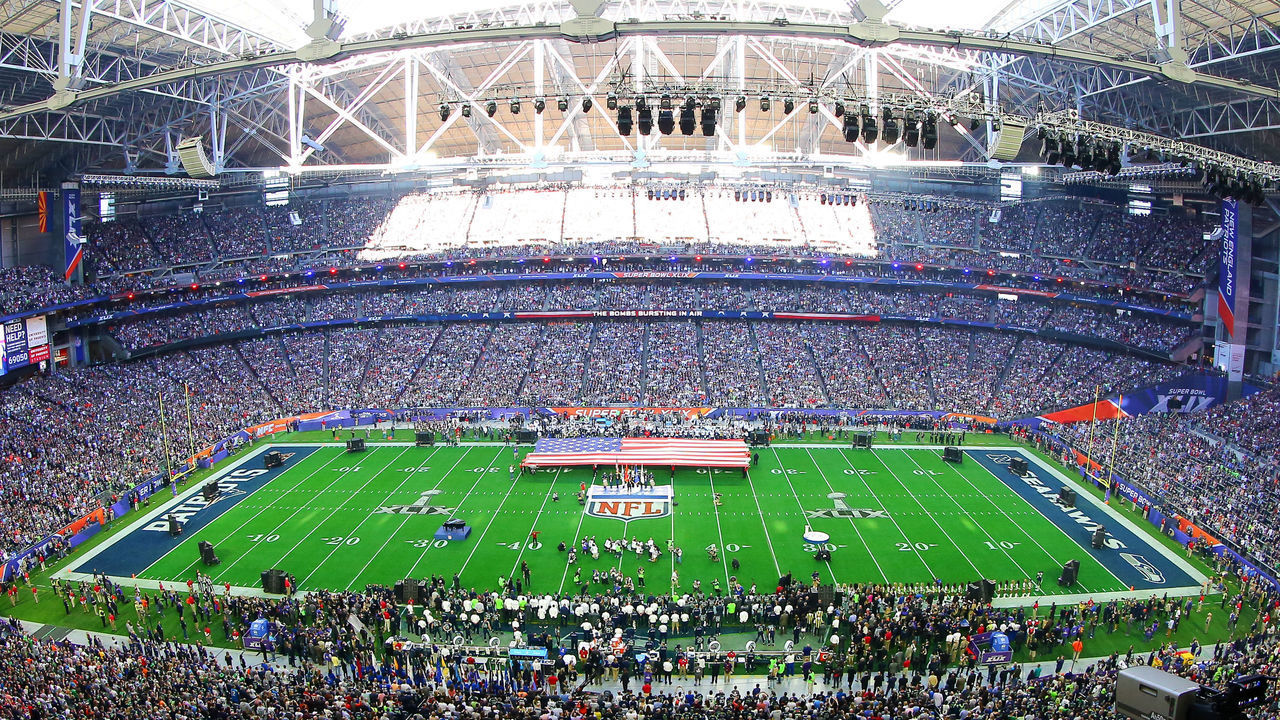 01 FEB 2015: University of Phoenix Stadium during the National Anthem prior to Super Bowl XLIX being played at University of Phoenix Stadium. The New England Patriots defeat the Seattle Seahawks 28-24 in Super Bowl XLIX at University of Phoenix Stadium in Glendale Arizona.