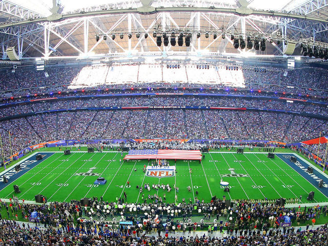01 FEB 2015: University of Phoenix Stadium during the National Anthem prior to Super Bowl XLIX being played at University of Phoenix Stadium. The New England Patriots defeat the Seattle Seahawks 28-24 in Super Bowl XLIX at University of Phoenix Stadium in Glendale Arizona.