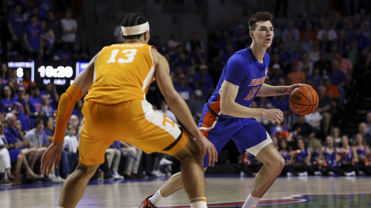GAINESVILLE, FLORIDA - FEBRUARY 01: Colin Castleton #12 of the Florida Gators dribbles the ball during the first half of a game against the Tennessee Volunteers at the Stephen C. O'Connell Center on February 01, 2023 in Gainesville, Florida.