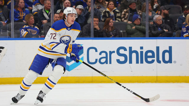 ST LOUIS, MO - JANUARY 24: Tage Thompson #72 of the Buffalo Sabres skates against the St. Louis Blues at Enterprise Center on January 24, 2023 in St Louis, Missouri.
