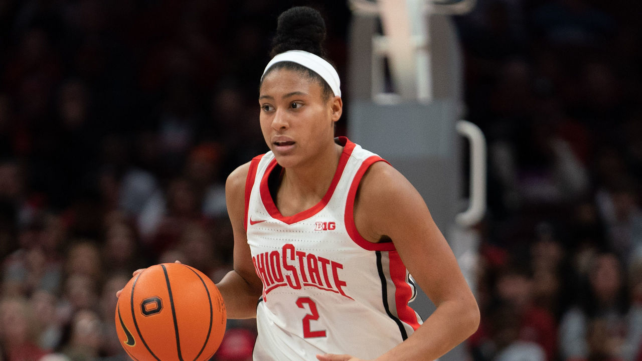 COLUMBUS, OH - JANUARY 29: Ohio State Buckeyes forward Taylor Thierry (2) moves the ball down the court during the womens college basketball game between the Ohio State Buckeyes and the Purdue Boilermakers on January 29, 2023, at Value City Arena in Columbus, Ohio