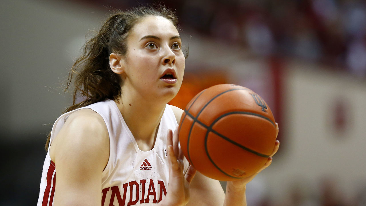 BLOOMINGTON, IN - JANUARY 29: Indiana Hoosiers forward Mackenzie Holmes (54) looks to go up with her free throw attempt during a womens college basketball game between the Rutgers Scarlet Knights and the Indiana Hoosiers on January 29, 2023 at Simon Skjodt Assembly Hall, in Bloomington, IN.
