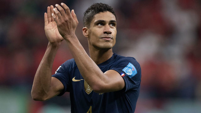 AL KHOR, QATAR - DECEMBER 14: Raphael Varane of France applauds the France fans after the FIFA World Cup Qatar 2022 semi final match between France and Morocco at Al Bayt Stadium on December 14, 2022 in Al Khor, Qatar.