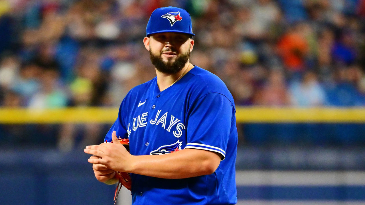 ST PETERSBURG, FLORIDA - SEPTEMBER 24: Alek Manoah #6 of the Toronto Blue Jays looks on during a game against the Tampa Bay Rays at Tropicana Field on September 24, 2022 in St Petersburg, Florida.