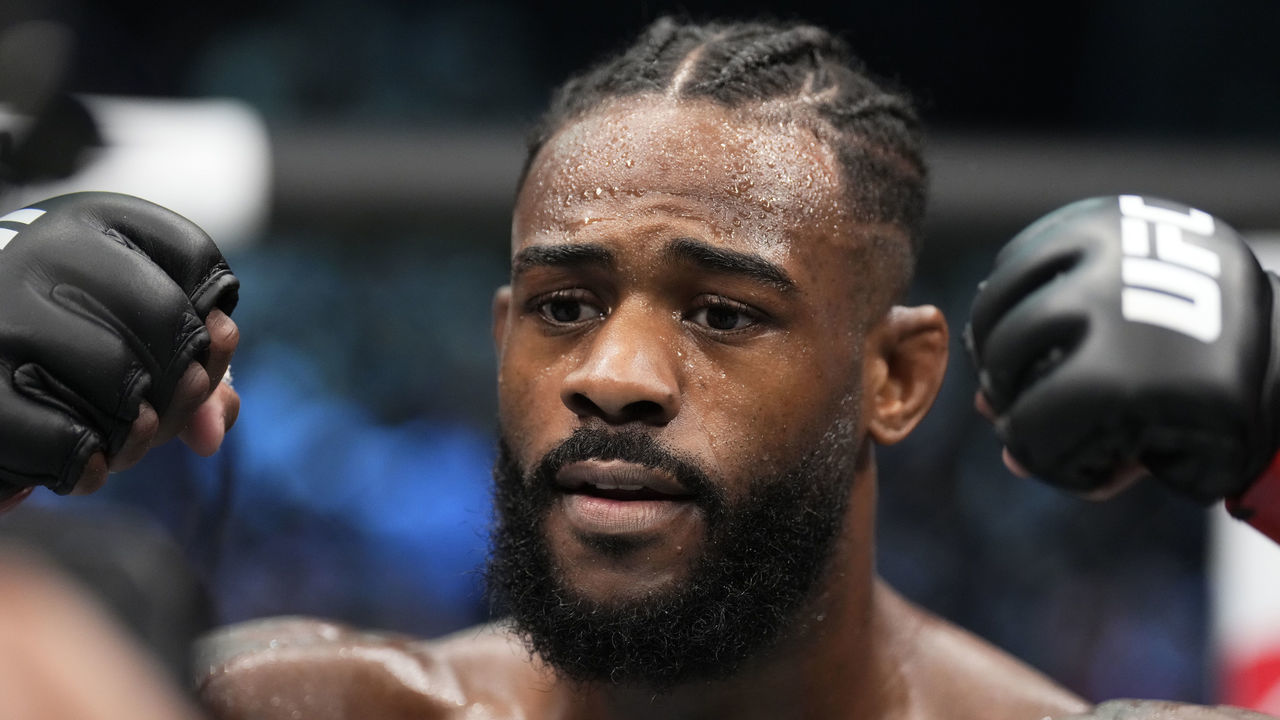 ABU DHABI, UNITED ARAB EMIRATES - OCTOBER 22: Aljamain Sterling reacts after his victory over TJ Dillashaw in their UFC bantamweight championship fight during the UFC 280 event at Etihad Arena on October 22, 2022 in Abu Dhabi, United Arab Emirates.